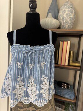 Maeve by Anthropologie Blue & White Striped Embroidered Cotton Top - Size M